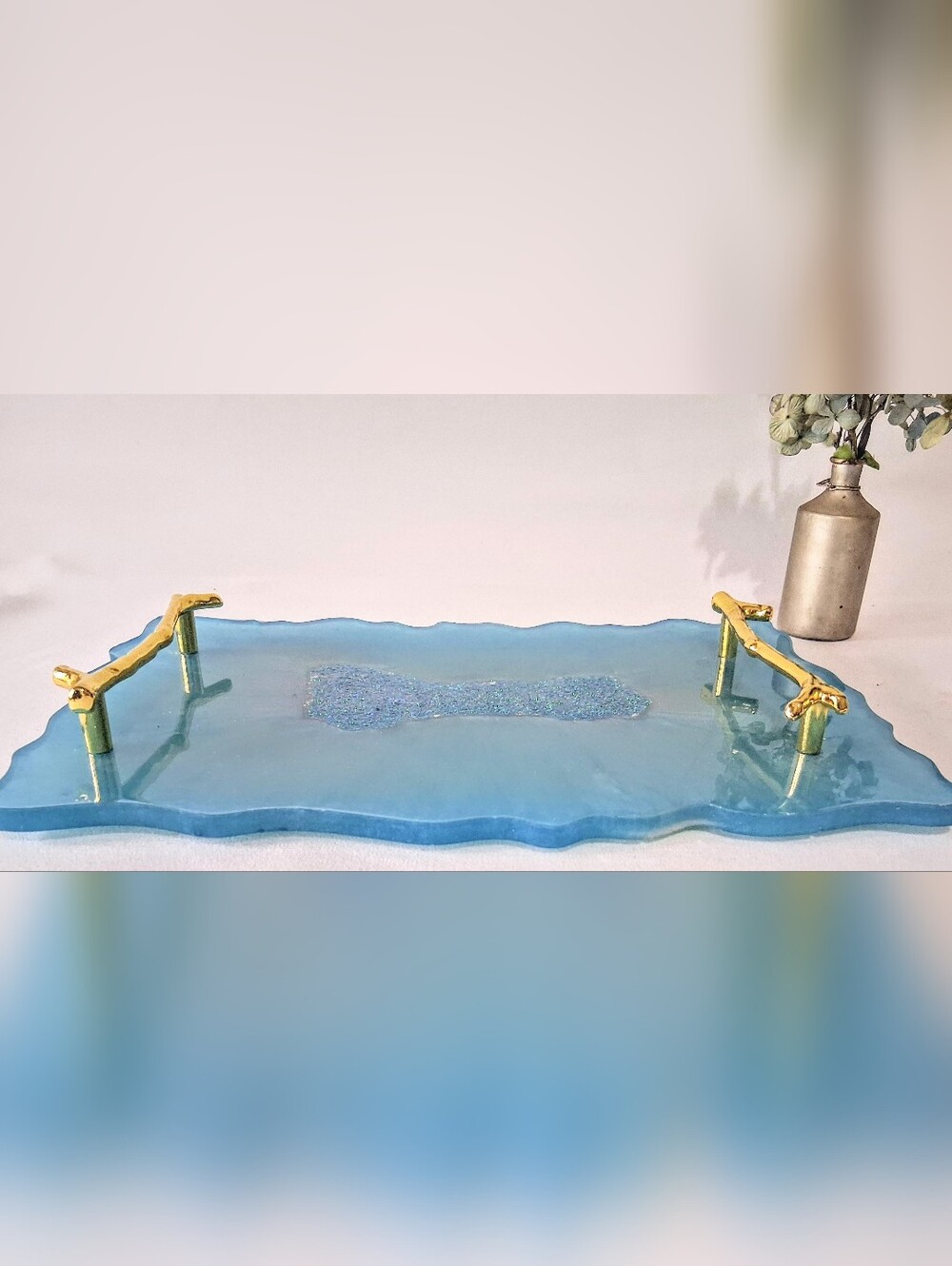 Ocean Blues, Glitter & Gold Artisan Made Resin Tray - Gold Bamboo Handles - Picture 2 of 10